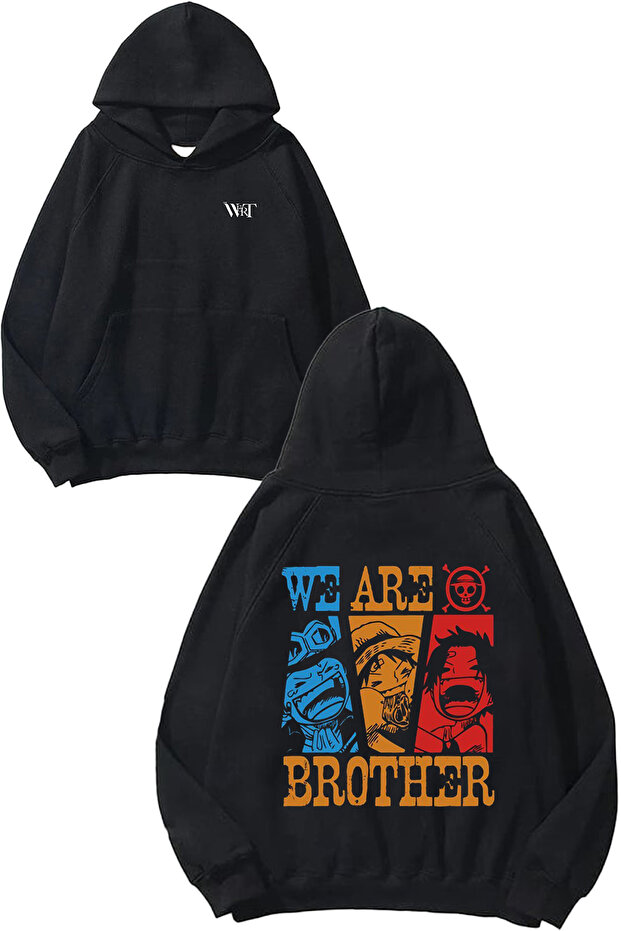 We Are Brother Anime Design Backpack Printed Black Hooded Sweatshirt