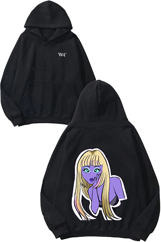 Purple Girl Design Back Printed Black Hooded Sweatshirt
