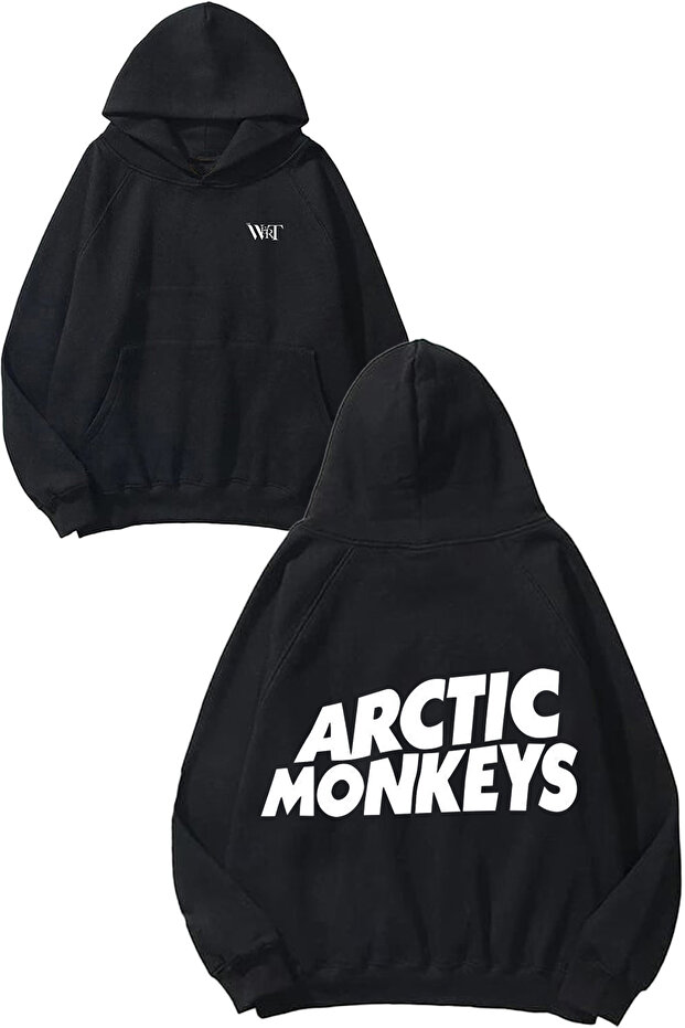 سترة مطبوع سوداء بتصميم Arctic Monkeys بغطاء رأس
