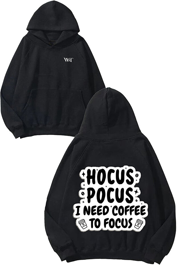 سويت شيرت أسود بغطاء رأس مطبوع عليه تصميم Hocus Pocus I Need Coffee