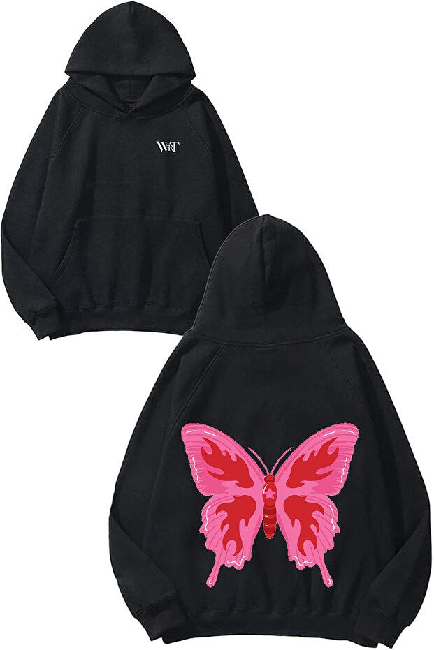 Pink Butterfly Design Back Printed Black Hooded Sweatshirt