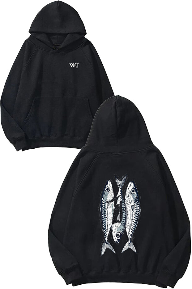 Fish Design Back Printed Black Hooded Sweatshirt