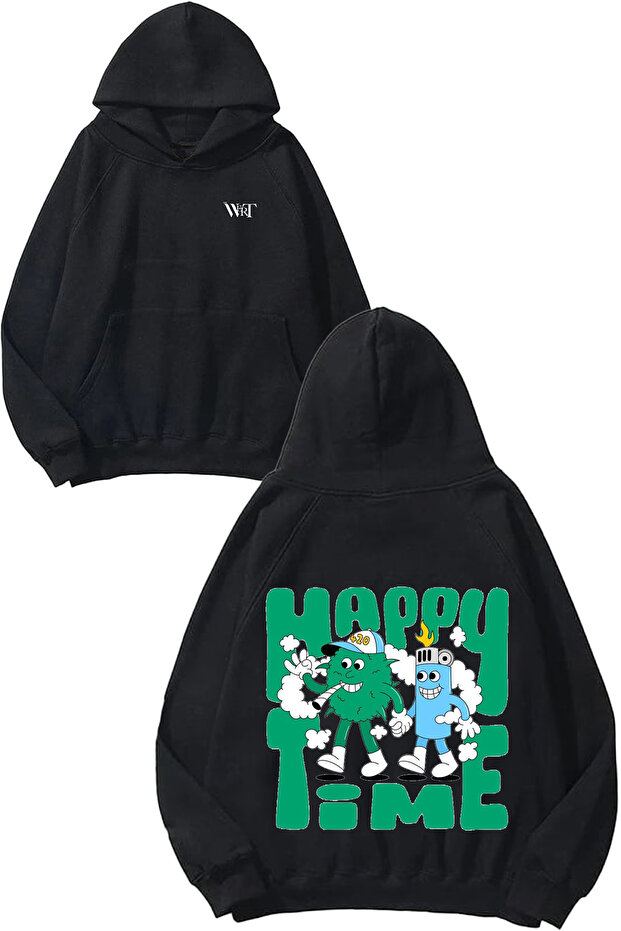 Happy Time Design Backpack Printed Black Hooded Sweatshirt