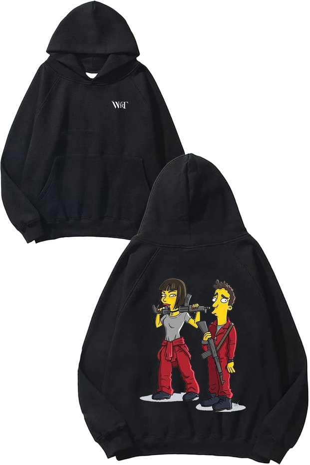 La Casa De Papel Simpsons Design Back Printed Black Hooded Sweatshirt