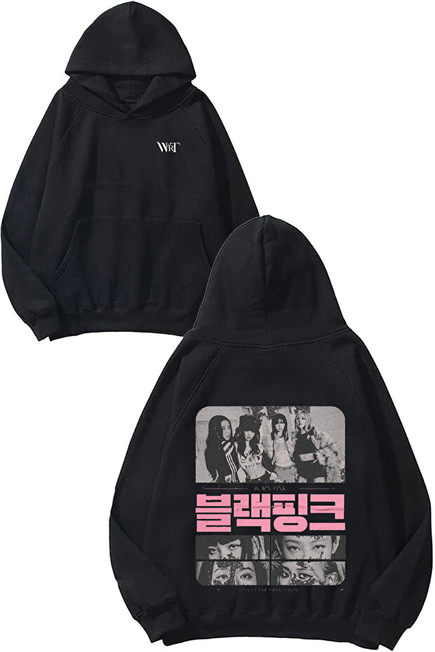 سويت شيرت بقلنسوة أسود بتصميم Blackpink مطبوع على الظهر