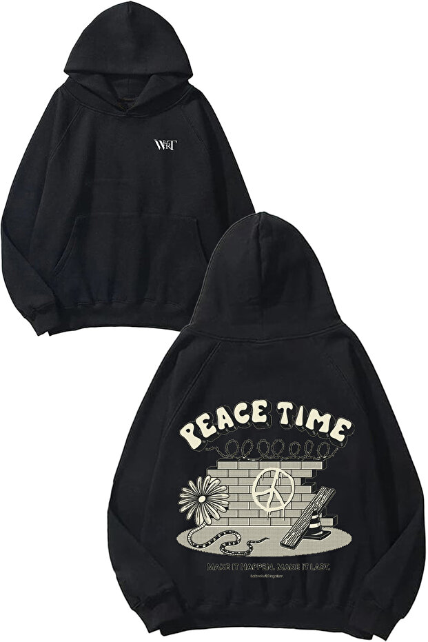 سويت شيرت بتصميم Peace Time مطبوع أسود بغطاء رأس