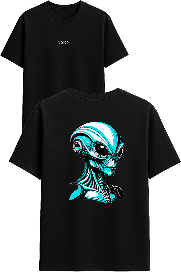 Alien Man Design Printed Black Oversized t Shirt