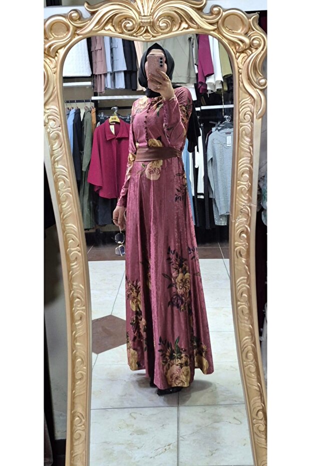 Desenli kadife elbise - 2