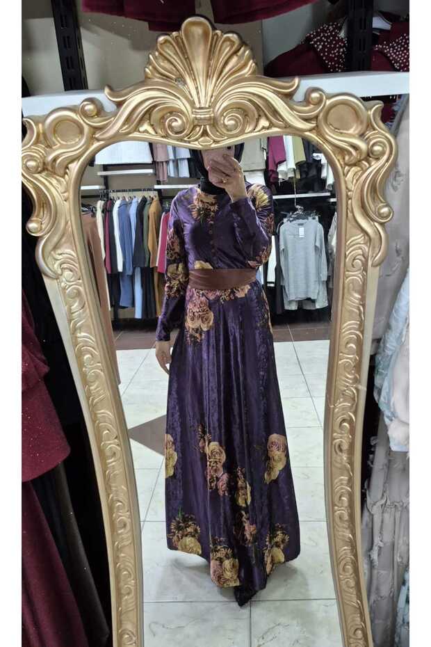 Desenli kadife elbise - 3