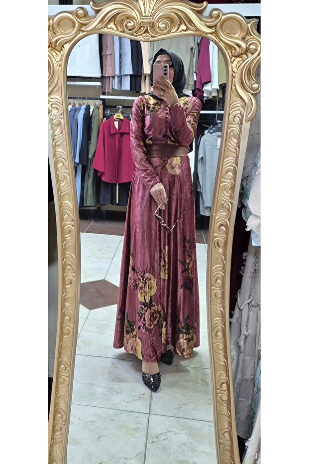 Desenli kadife elbise - 1