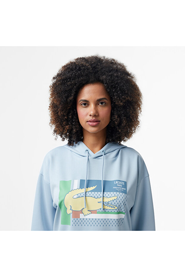 Kadın Relaxed Fit Kapüşonlu Baskılı Açık Mavi Sweatshirt - 4