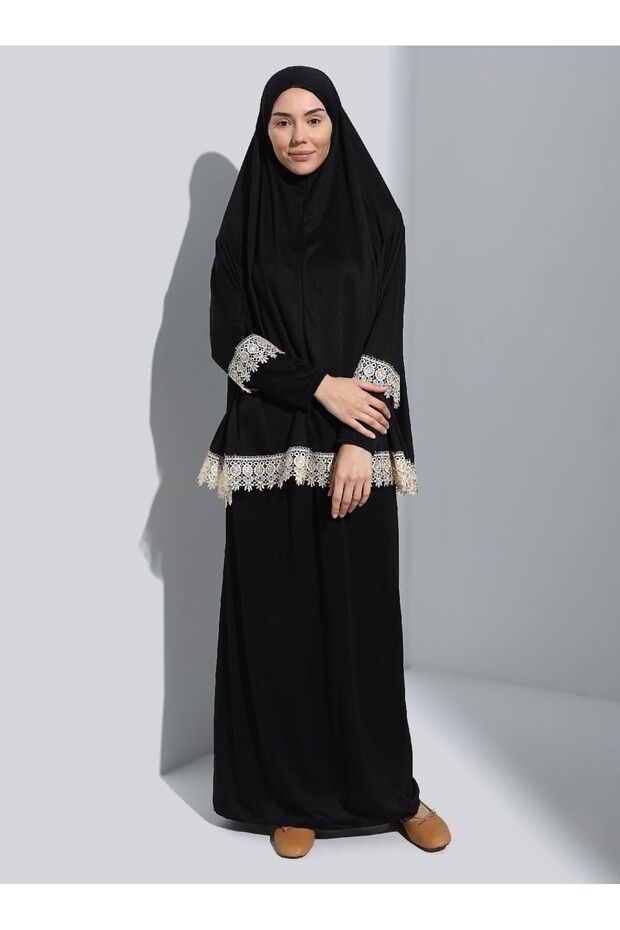 فستان صلاة أسود من قطعتين مع دانتيل