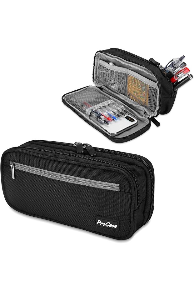 2-Layer Pencil Case, Large Capacity Stationery Pouch with Double Zip (Black)