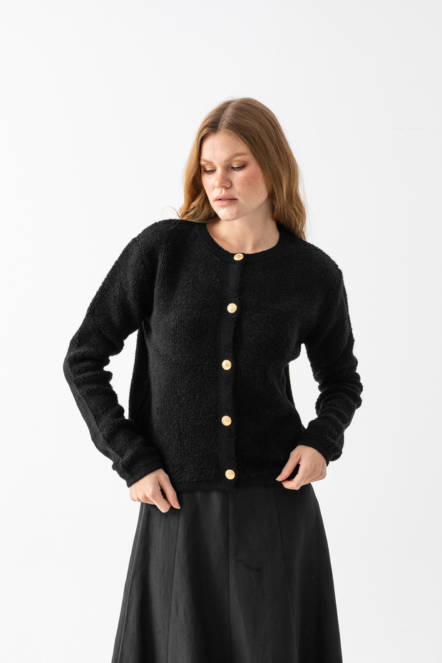 Soft Towel Texture Knitwear Cardigan - Stylish Cardigan Model with Gold Button Detail - Women's Cardigan