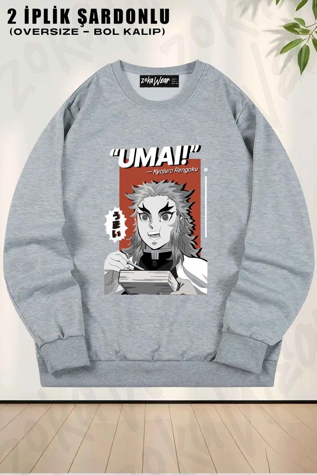 Unisex Demon Slayer Rengoku (Umai) Printed Oversized Crew Neck Sweatshirt