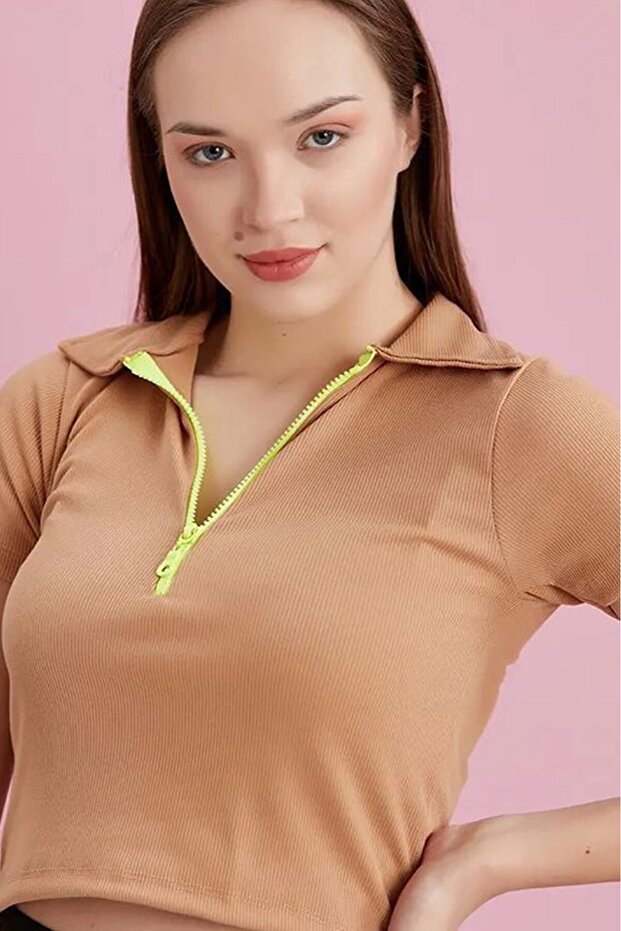 Polo Neck Neon Zippered Ribbed Knit Blouse Brown