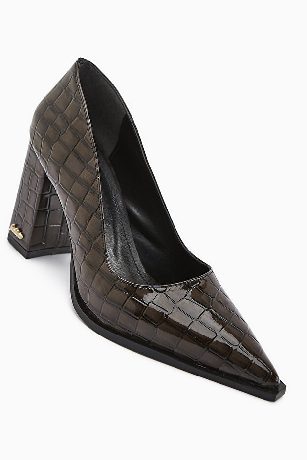Lucy Brown Crocodile Thick Heeled Shoes Women's Stiletto