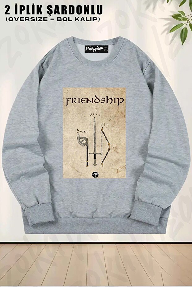 Unisex Lotr Friendship Printed Oversized Crew Neck Sweatshirt