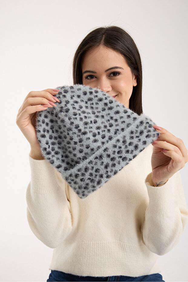 Gray Leopard Patterned Plush Folded Beret - 6