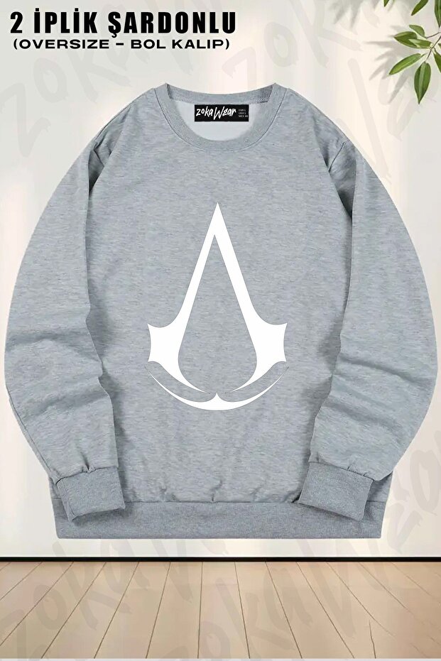 Unisex Assassin's Creed Logo Printed Oversized Crew Neck Sweatshirt