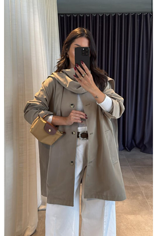 Women's Khaki Detachable Scarf Trench Coat