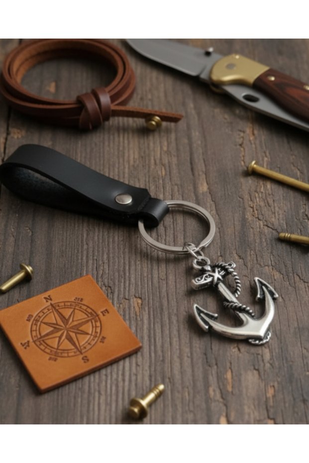 Marine Premium Black Genuine Leather Keychain Accessory with Anchor Figure