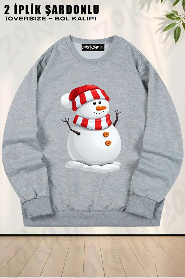 Unisex New Year Snowman Printed Oversized Crew Neck Sweatshirt