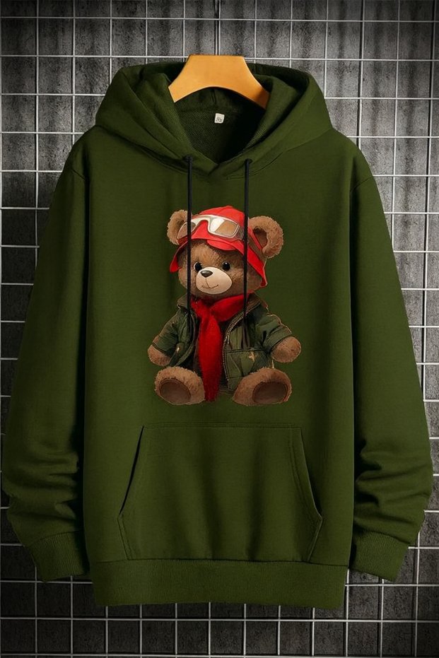 Unisex 3 Thread Ş Fleece-Lined Hooded Hoodie Cute Teddy Bear B Printed Sweatshirt