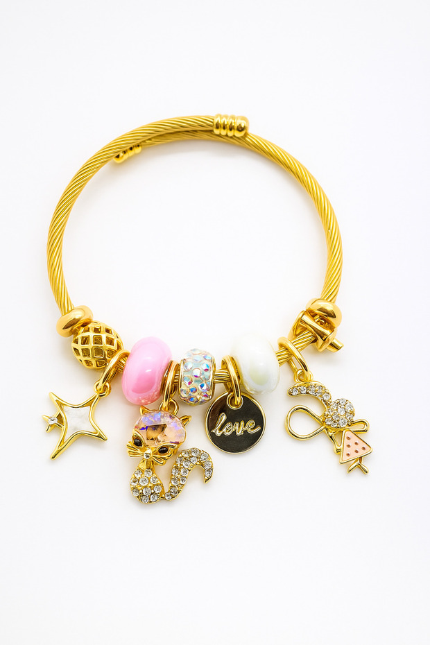 Gold Color Stainless Steel Tarnish-Free Charm Bracelet with Star Heart Dolphin Design for Kids