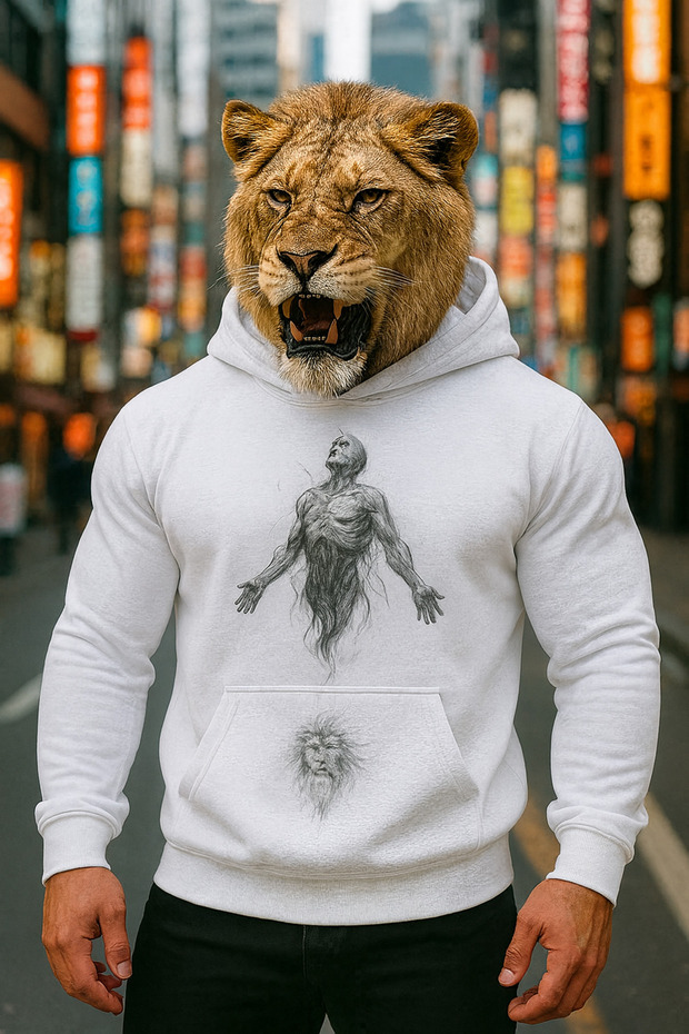 Men's 3 Yarn Ş Fleece-Lined Artistic B Printed Hoodie with Spirit Figure O Oversized Sweatshirt