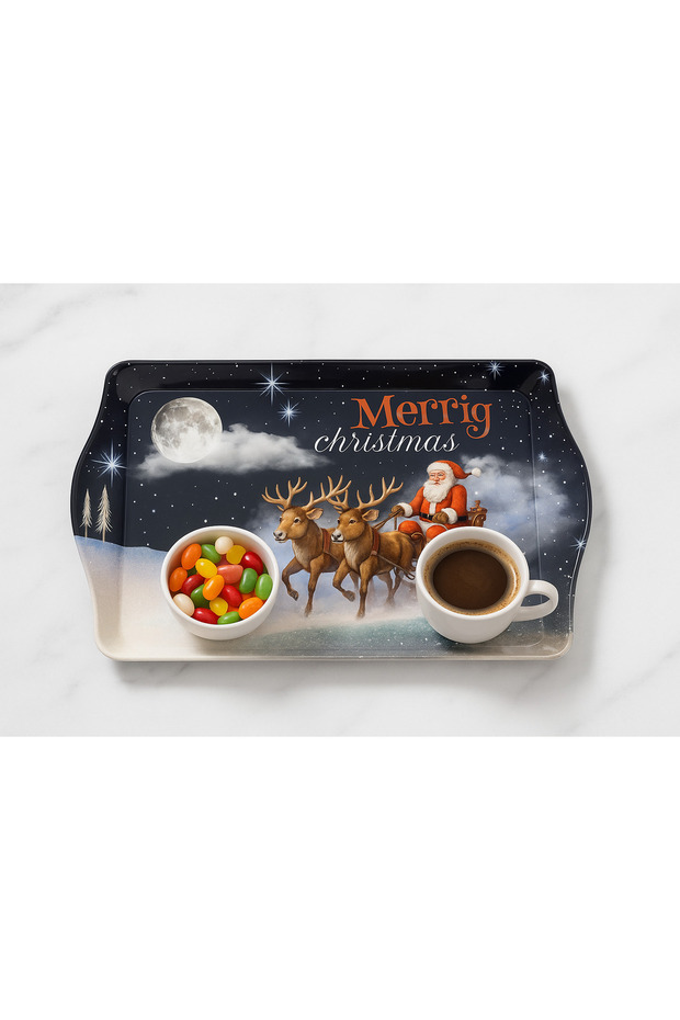 Christmas Metal Presentation Tray – Santa Claus and Deer Pattern, Decorative Coffee Presentation Tray (25X16Cm)