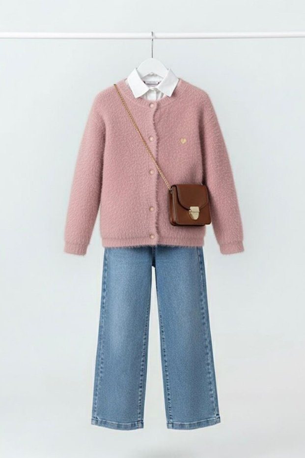 My Little One's Soft Textured Heart Detailed Cardigan and Wide Leg Jean Girls' Combination - Pink