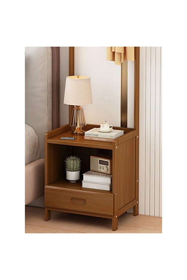 طاولة سرير جانبية حديثة متعددة الوظائف مصنوعة من الخشب الصلب مع رف كبير للمعاطف - 5