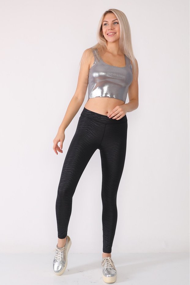 Slim Fit Zebra Patterned Low Waist Black Leggings