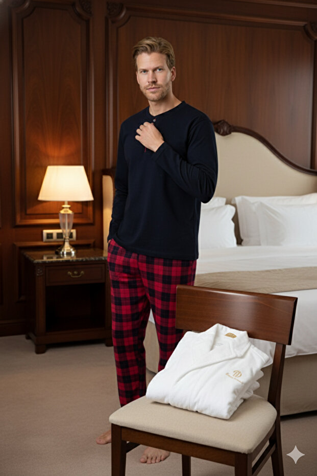 100% Cotton New Season Men's Modern Design Midi Collar Pajama Set