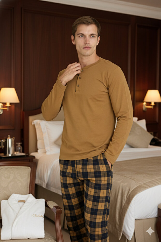100% Cotton New Season Men's Modern Design Midi Collar Pajama Set