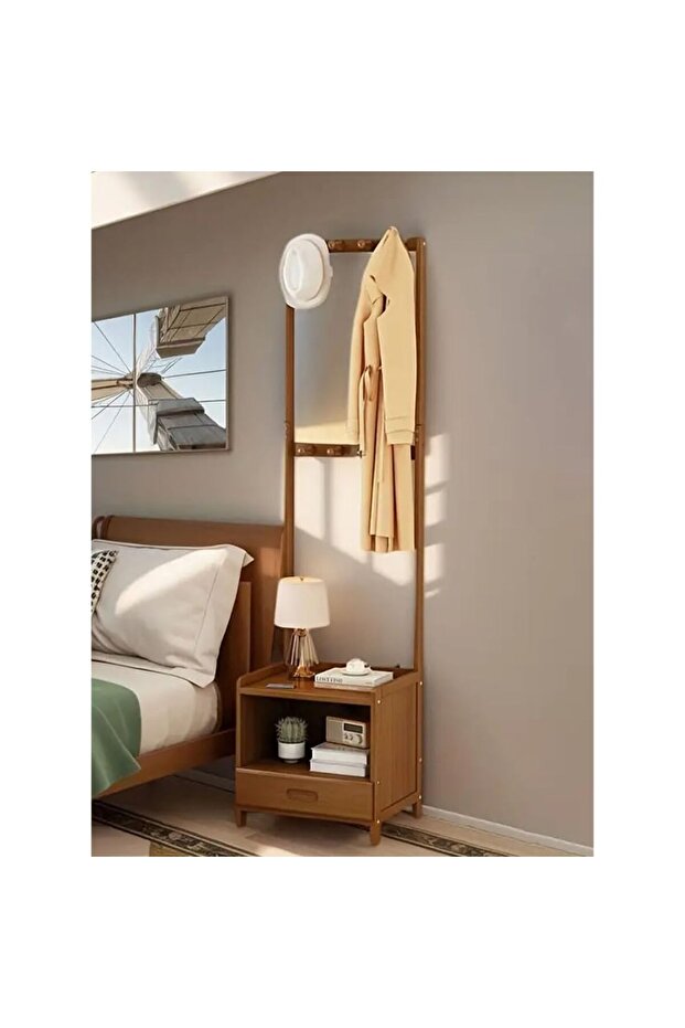 طاولة سرير جانبية حديثة متعددة الوظائف مصنوعة من الخشب الصلب مع رف كبير للمعاطف - 2