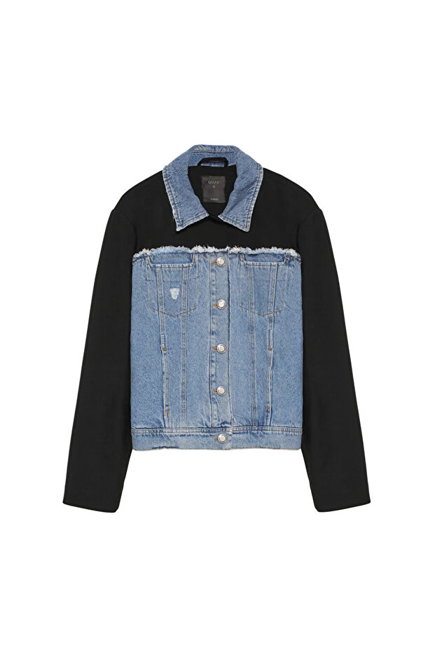 Quzu Denim Match Detailed Buttoned Jacket Black