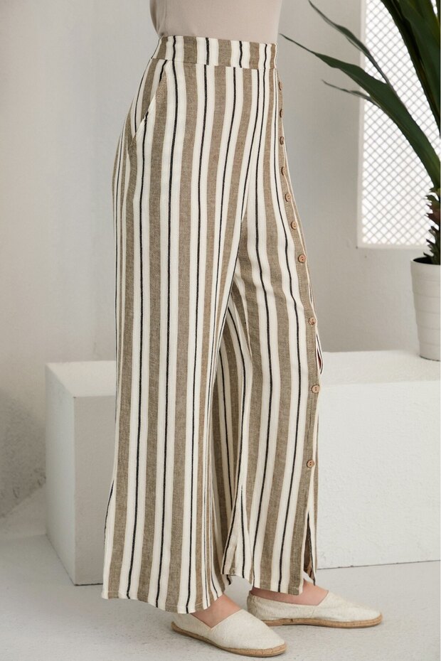 Buttoned Design Pocketed Linen Trousers Khaki Color