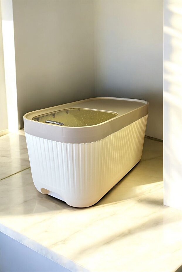 1 Apex Cream 10-Liter Detergent Container with Sliding Lid - Wheeled Food Storage Box with Scale - 3