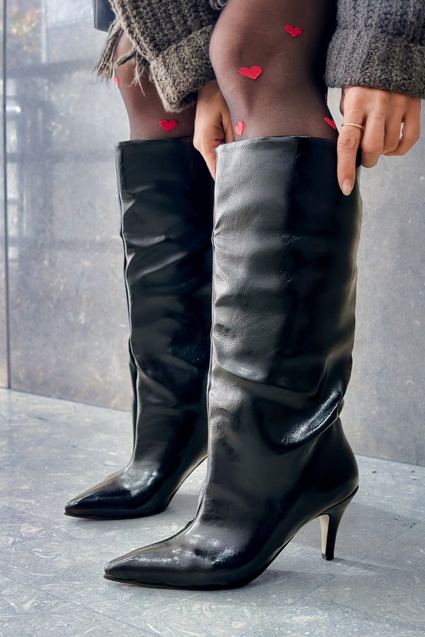 Yovana Black Cracked Patent Leather Below-Knee Women's Heeled Boots