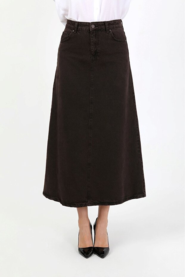 High Waist A-Line Denim Skirt Brown