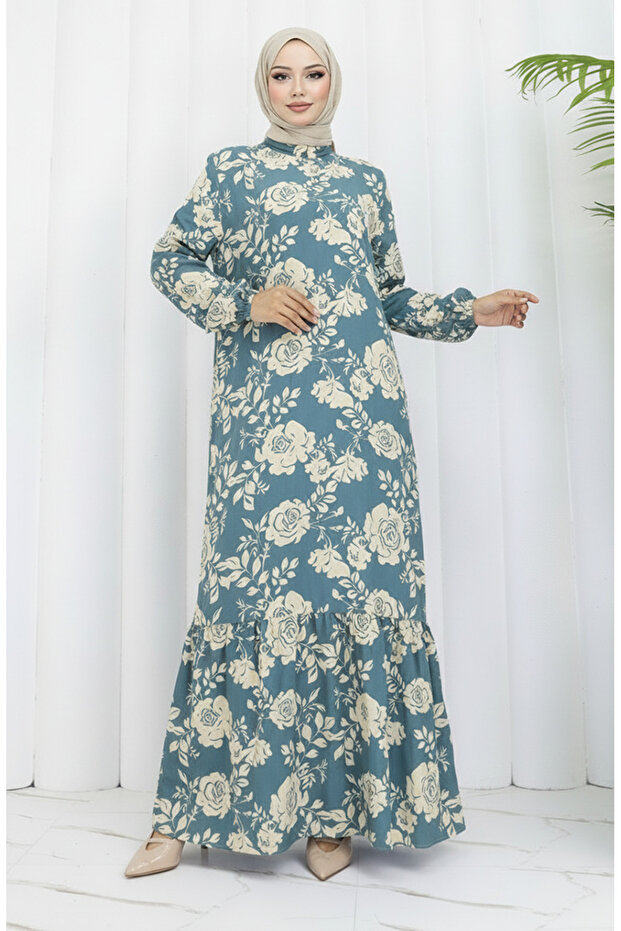 Viscose Fabric Patterned Dress with Elastic Sleeves 2037-04 Green