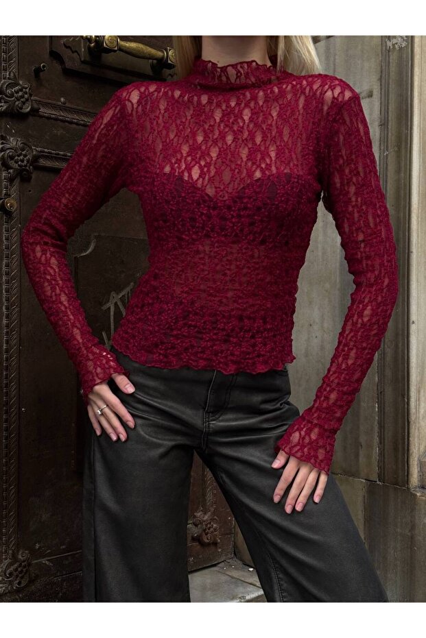 Mock Neck Lace Detailed Blouse