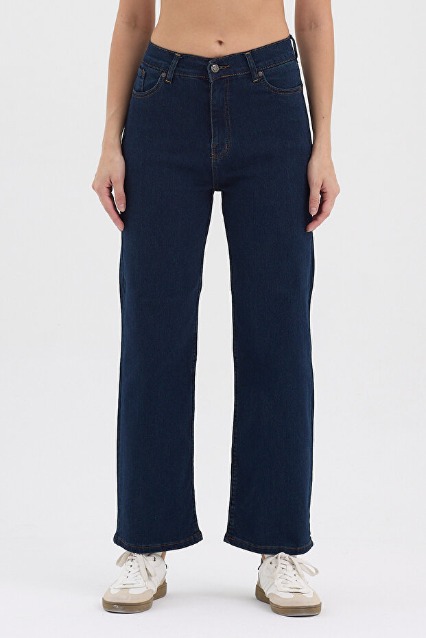 Women's Hakan Jeans Flexible Wide Leg Dark Blue Stretch Fabric High Waist Denim Trousers