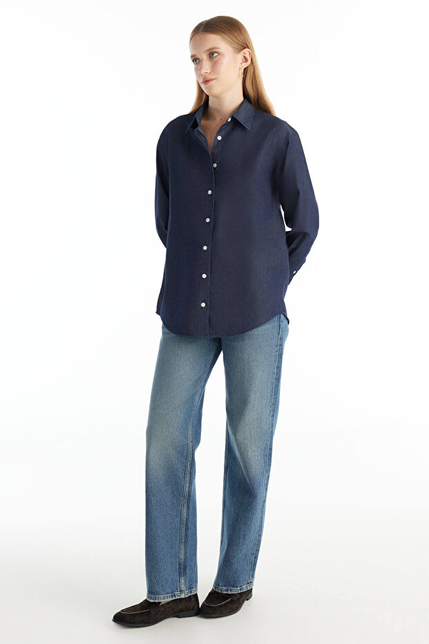 KOYU MAVİ DENİM GÖMLEK - 4