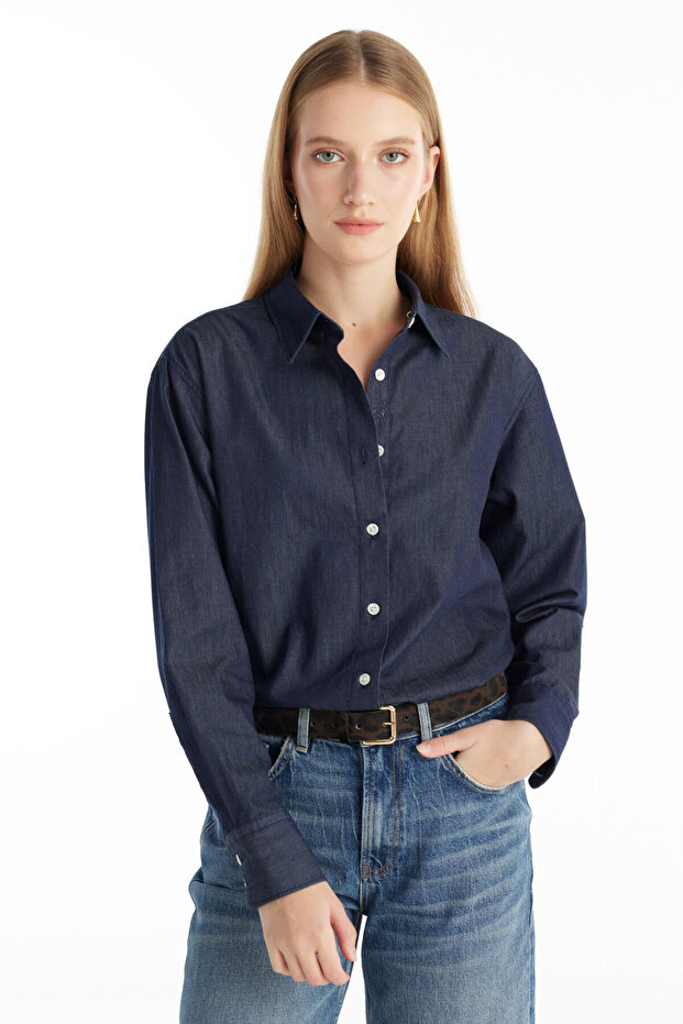 KOYU MAVİ DENİM GÖMLEK - 1