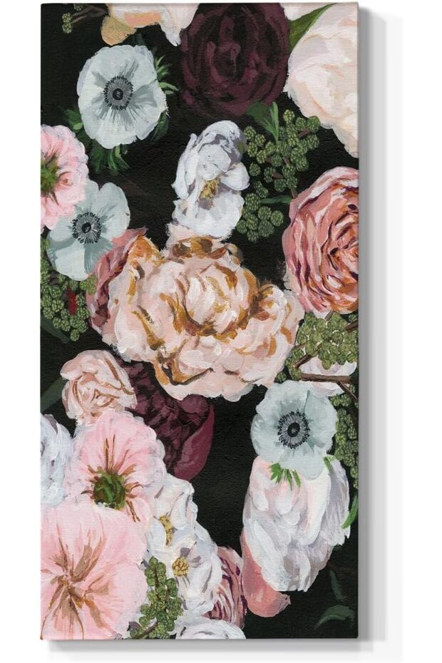 Pink & White Roses Wall Art – Abstract Botanical Canvas Prints (50x100 cm Framed)