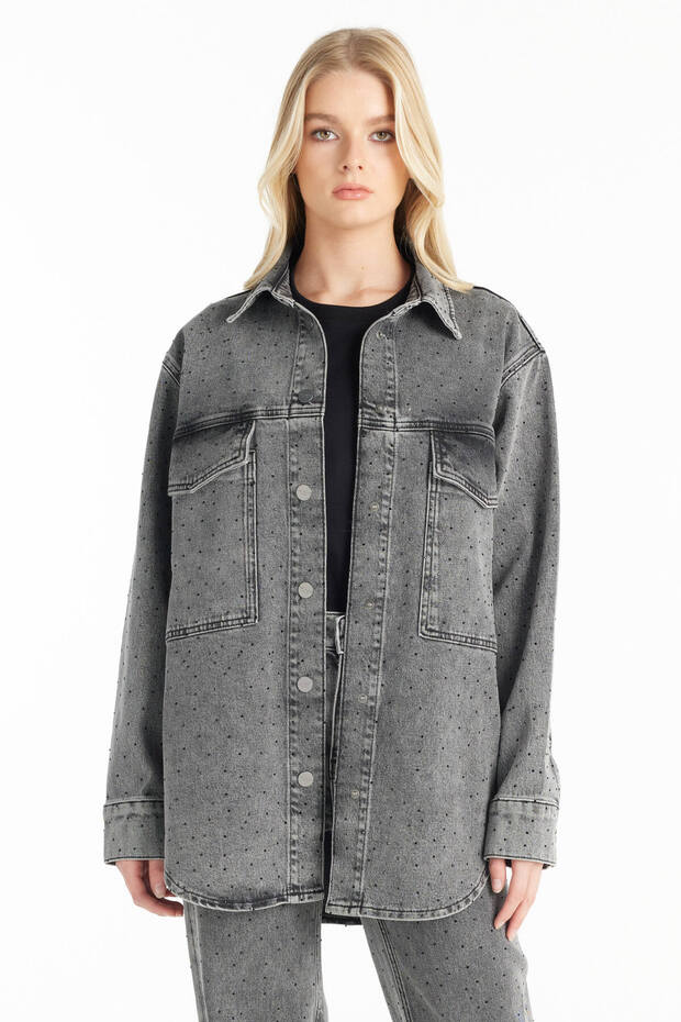 GRİ TAŞLI OVERSİZE JEAN GÖMLEK - 1
