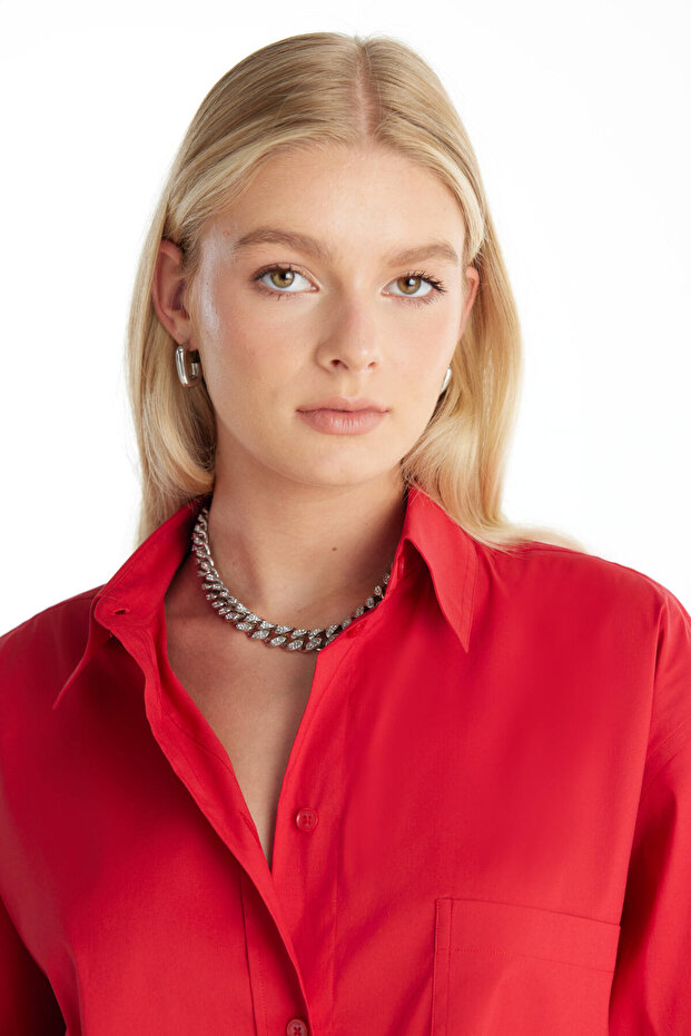 KIRMIZI KUTU FORM POPLİN GÖMLEK - 5